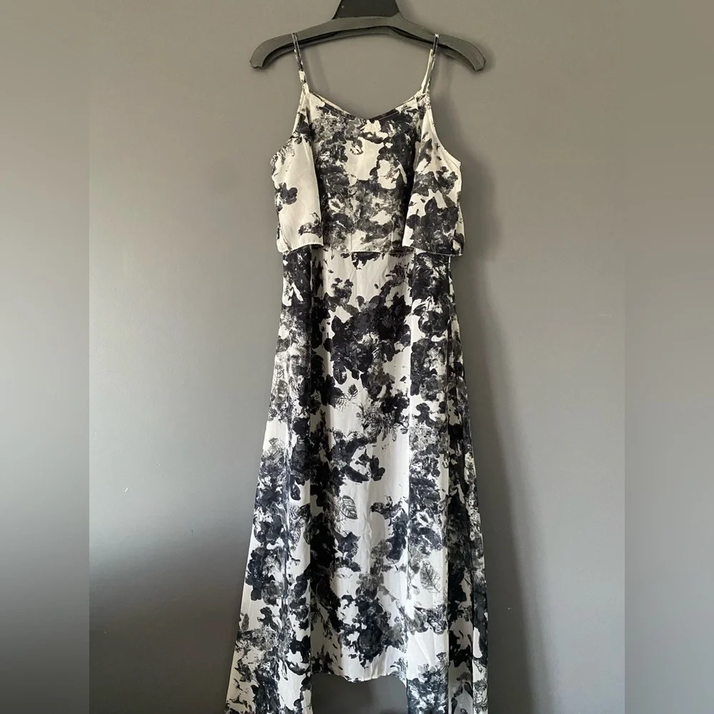 Black White Floral Midi Dress M Quiet Luxury Wedding Guest Minimalist Chic - Picture 2 of 15